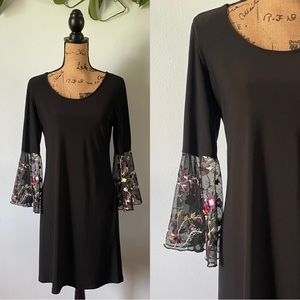 Black Swing Dress with Floral Embroidered Bell Sleeves